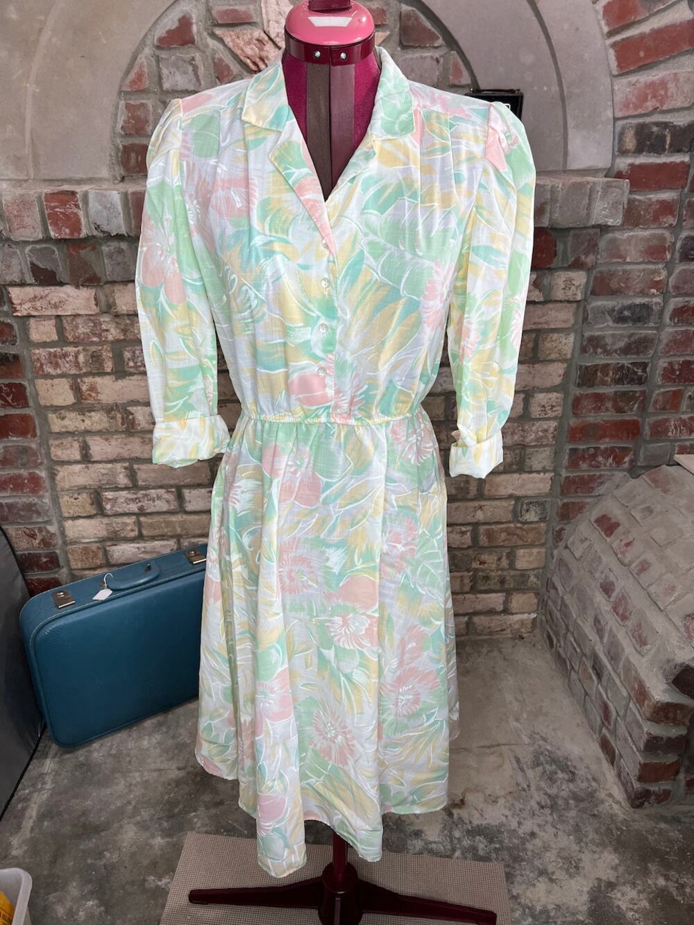 shirt dress pastel puff sleeve shoulder pads cotagecore pink green yellow